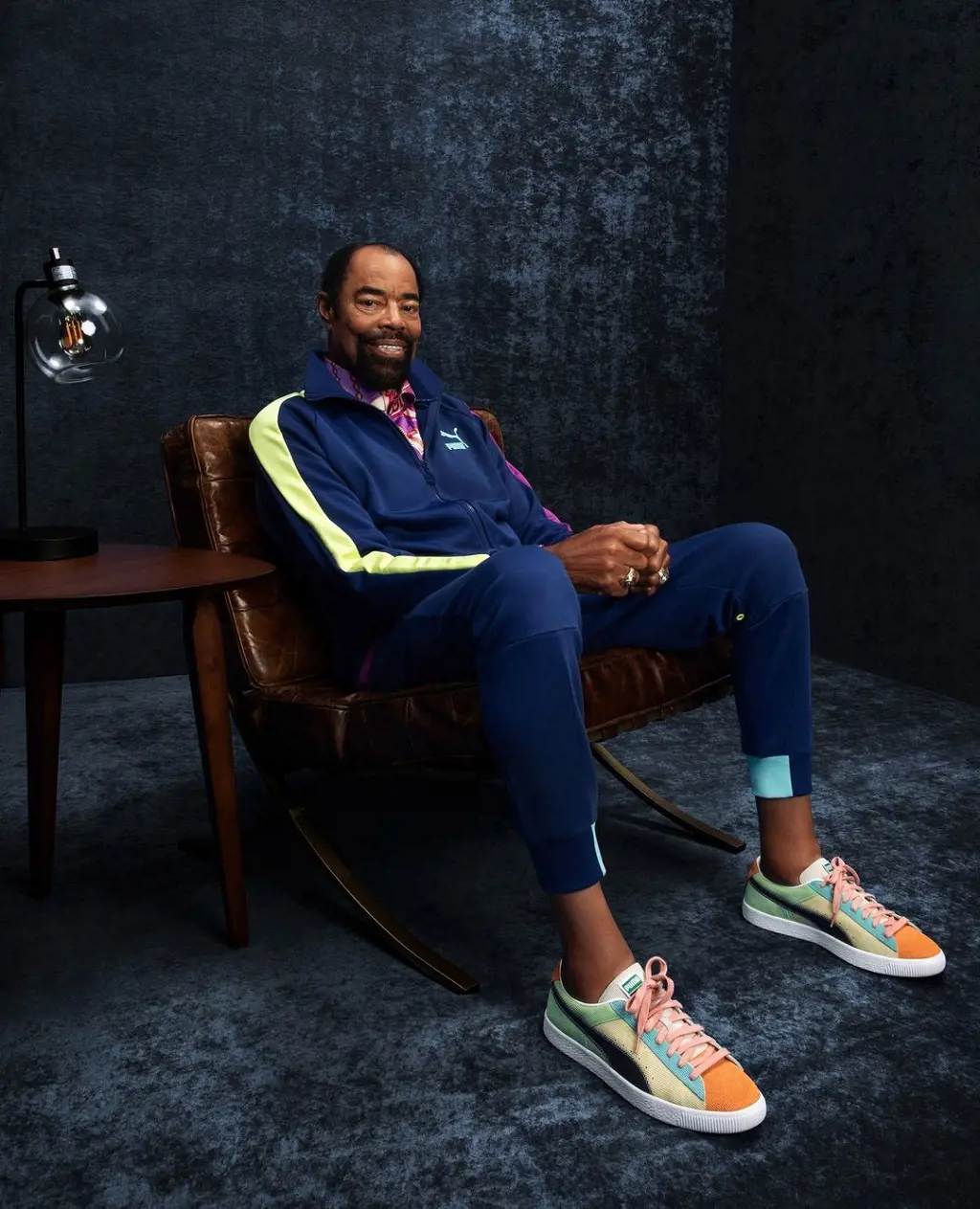 Walt Frazier pictured with his signature line Puma Clyde as the first ever brand ambassador of the brand.