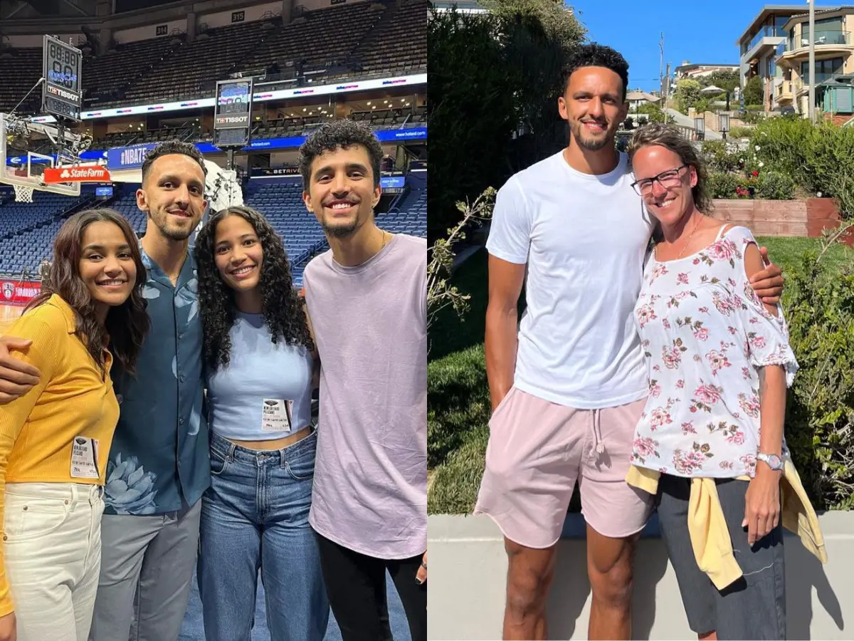 The NBA player with his cousins from a basketball match on the left and mom on the right