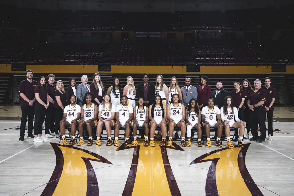 Coach Adair poses with the Sun Devils 2022/23 roster 