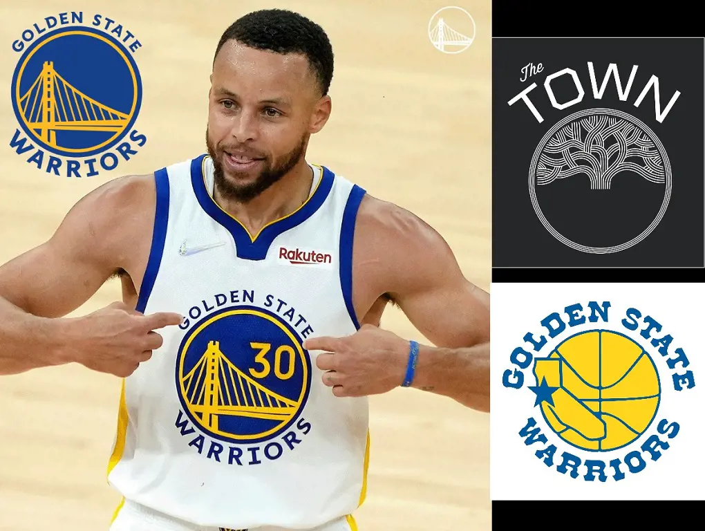 Golden State Warriors Logo highlighted by Steph Curry after an All-Star game. On the right side are the GSW Town and their old logo.