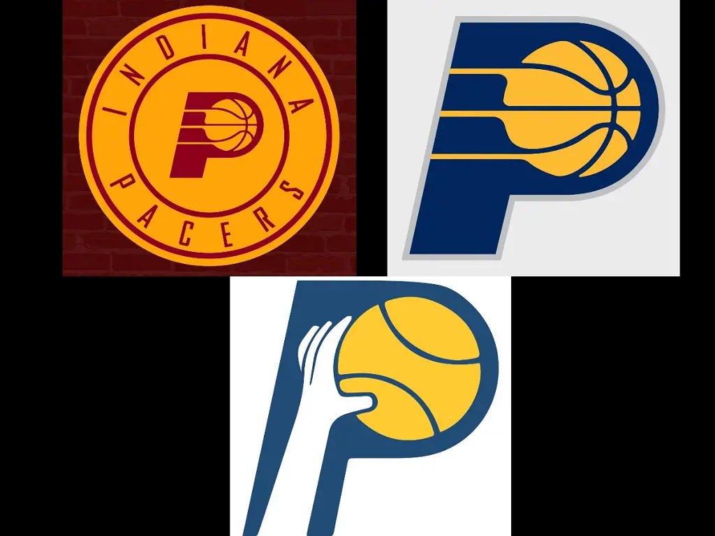 The two pictures of on the top are the current versions of Pacers Logo while the previous version shows a tall hand holding the yellow basketball.